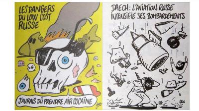 شاهد الكاريكاتير الذي نشرته صحيفة "شارلي إيبدو" الفرنسية  وسخر من حادثة الطائرة الروسية المنكوبة وأغضب الرئاسة الروسية